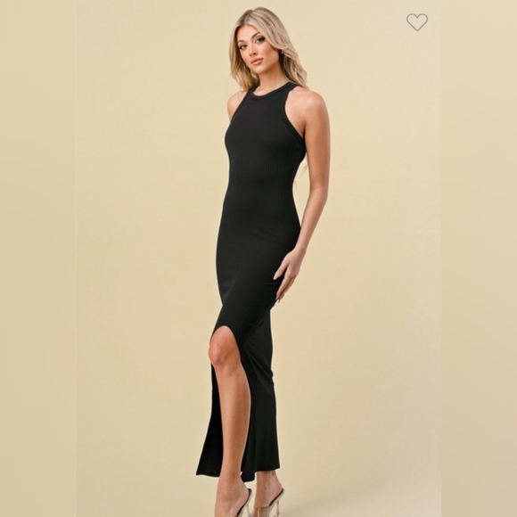 Black Ribbed Maxi Dress Ribbed Racerback Bodycon Dress Crew Neck Side Slit - Picture 1 of 8